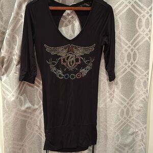 COOGI Women's Black Studded Drape Back Side Tie Mini Dress Size M.